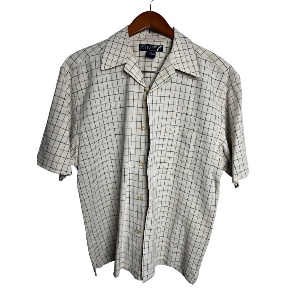 Ivy Crew Shirt Mens Large Linen Blend Check Plaid Button‎ Up Casual Short Sleeve